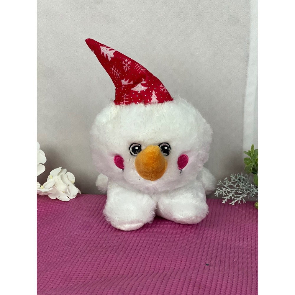 Greenbrier International Snowman Plush White Red Snowflake Hat Holiday 8 Inch